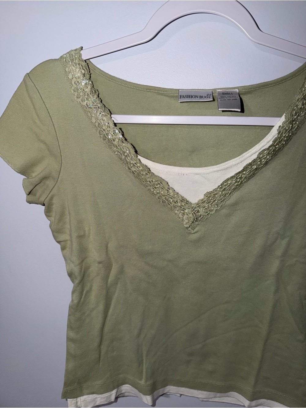 Vintage Fashion Bug short-sleeve layered top ft delicate lace-trimmed V-neckline